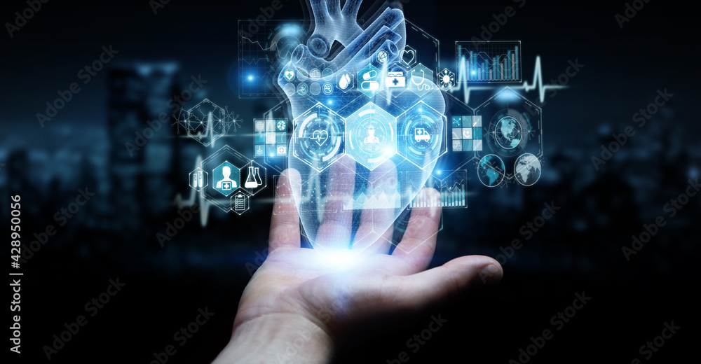 Poster Man hand using digital x-ray of human heart holographic scan projection 3D rendering