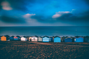 Row of beach huts, Whitstable, Kent, UK