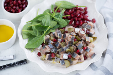 Herring fillet tartare with pomegranate seeds and spinach leaves, selective focus, studio shot