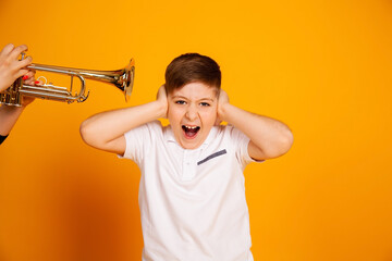 The boy is dissatisfied with the annoyance of a loud sound, he closed his ears with his hands and...
