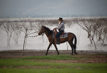 cowboy on horseback against a beautiful sunset, cowboy and horse at first light,mountain, river and...