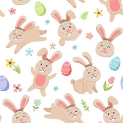 Easter spring pattern with cute bunnies, eggs, birds, bees, butterflies. Hand drawn flat cartoon elements. illustration