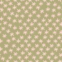 Simple Blush Pink and Green Abstract Starry Vector Pattern. Irregular Hand Drawn Light Pink Stars Isolated on a Pale Green Background. Infantile Style Semaless Print. 