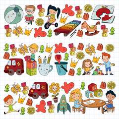 Fototapeta premium Kindergarten pattern with little children and toys. Creativity and imagination.