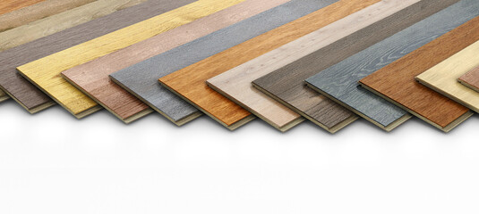Different variations of laminate wooden planks on white background, 3d illustration - obrazy, fototapety, plakaty