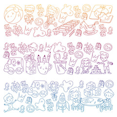 Obraz premium Kindergarten pattern with little children and toys. Creativity and imagination.