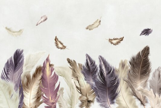 Colored feathers. Photo wallpaper, beautiful picture for the wall. Abstract drawing with feathers. © antura
