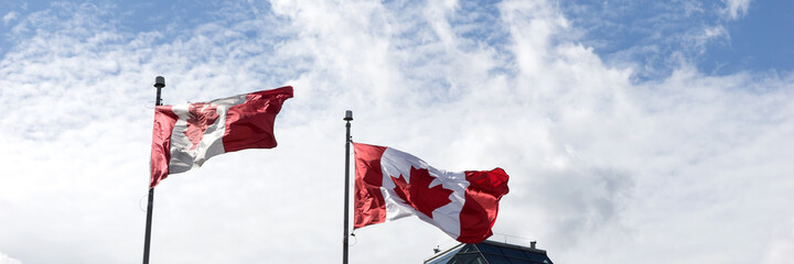 Two Canadian flags in the wind. Panoramic image