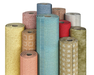 Different carpet rolls stand upright on a white background, 3d illustration
