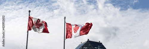 Two Canadian flags in the wind. Panoramic image
