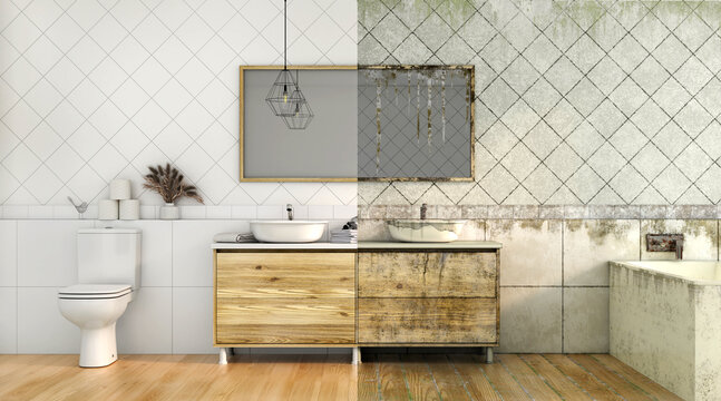 3d render of dirty bathroom in modern style 3d illustration