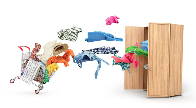 Clothes fly from the cart into an open wardrobe. 3d illustration.