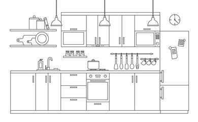 Modern kitchen interior with furniture in linear style. Architectural sketch dining room with utensil tool equipment and household appliances.Hand draw black contour lines on white vector illustration