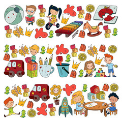 Fototapeta premium Kindergarten pattern with little children and toys. Creativity and imagination.