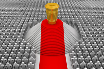 Fototapeta premium Takeaway drinks winner cup. A gold cup in the form of a thermo mug for hot drinks stands on a pedestal with a red carpet surrounded by many people. The award ceremony. 3D illustration