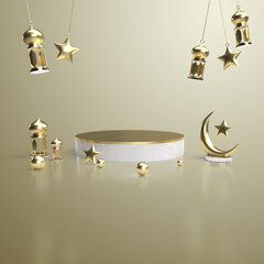Islamic ramadan greeting background with arabic lantern, crescent moon and podium, with empty space for text . 3d Rendering Illustration