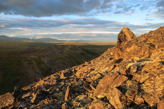 Summer Arctic landscape. View from the rocky hillside to the tundra. Beautiful evening lighting. Northern nature of Chukotka and Siberia. Far East of Russia.