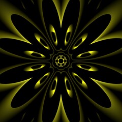 pattern and designs in square format from concentric circle designs in glowing vivid yellow on a black background