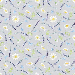 White daisy seamless pattern. Watercolor Butterfly lavender background