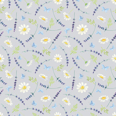 White daisy seamless pattern. Watercolor Butterfly lavender background