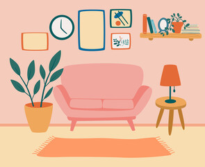 Comfortable living room with sofa. Living room interior with furniture, houseplants and home decorations. Apartment decorated cozy style. Modern Room. Flat cartoon vector illustration. Vector banner.