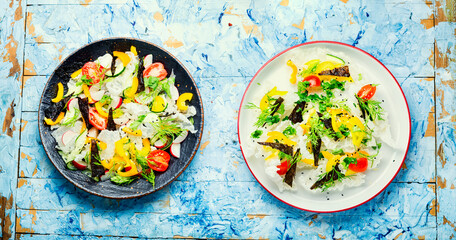 Vegetable salad decorated with rice paper,green salad