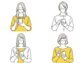 人物イラスト 女性 セット 正面 スマホ 操作する マスク