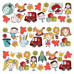 Kindergarten pattern with little children and toys. Creativity and imagination.