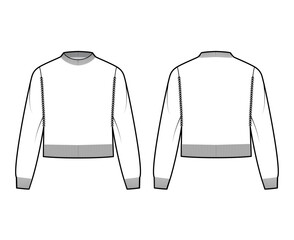 Fisherman cropped Sweater technical fashion illustration with rib crewneck, long sleeves, relax body, waist length, knit trim. Flat jumper apparel front, back, white color style. Women men CAD mockup