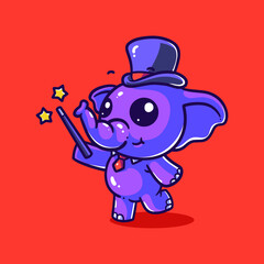 illustration of a cute elephant standing on one leg while wearing a tie, magician hat and holding a magic stick