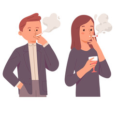 Fototapeta na wymiar business woman and man smoking addiction in office holding wine beverages