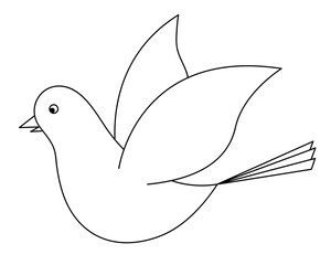 Dove. Sketch. The bird flaps its wings. Pigeon is a symbol of peace. Snow-white bird. Vector illustration. Coloring book for children. The bird flies into the sky. Outline on an isolated background.
