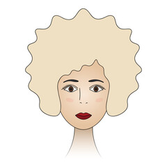 Lady's face. Blonde with brown eyes. Head of a woman full face. Colored vector illustration. Hairstyle short curls. Long eyelashes. Full lips and blush on the cheeks. Female portrait. 