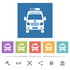 Ambulance car front view flat white icons in square backgrounds
