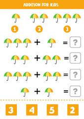 Addition for kids with cute cartoon umbrella.