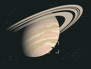 Vector banner on the topic of extraterrestrial civilizations. Space sci-fi background with UFO on the background of the planet Saturn, a view from space. Alien flying saucer and gas giant in dark sky © paseven