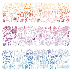 Kindergarten pattern with little children and toys. Creativity and imagination.