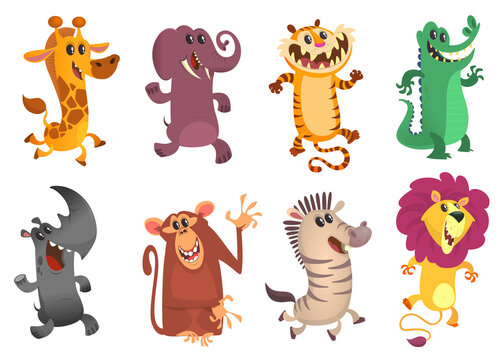 Cartoon funny African animals set. Vector illustration of cute and happy tiger, giraffe, monkey, zebra, lion, crocodile and elephant. Isolated on white
