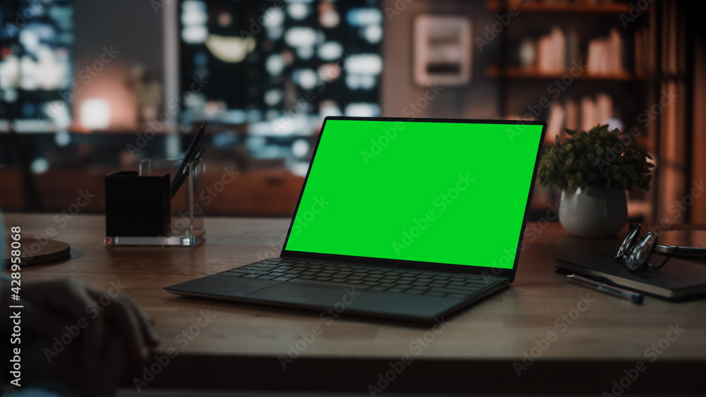 Poster close up female specialist making a video call on laptop with green screen mock up display at home l