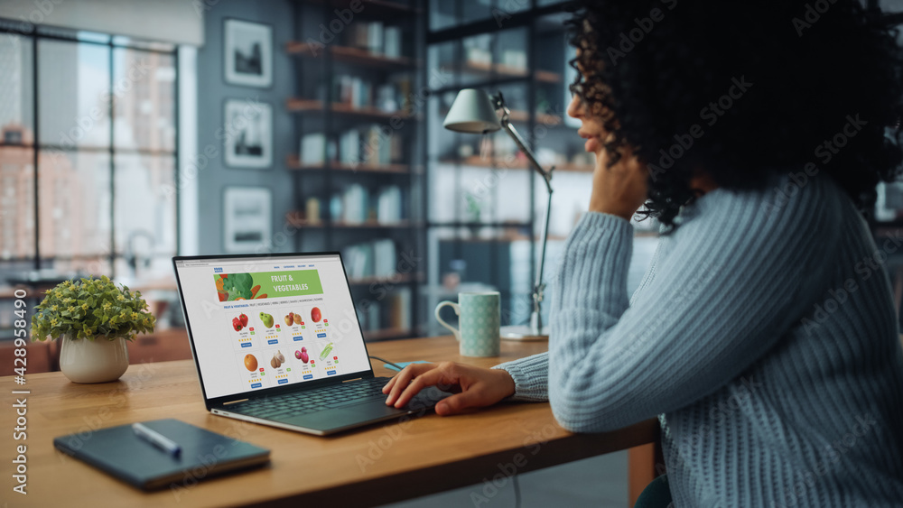 Poster Back View Shot of a Young Female Using Laptop Computer and Ordering Fresh Vegetables Through Groceries Delivery App Web Page. Daytime in Bright Studio Apartment with Big Windows.