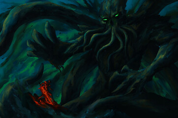 warrior holding blaze sword standing looking Cthulhu,Cosmic monster, sea monster,strom bad weather ,digital art, Illustration painting. © Wachirawit