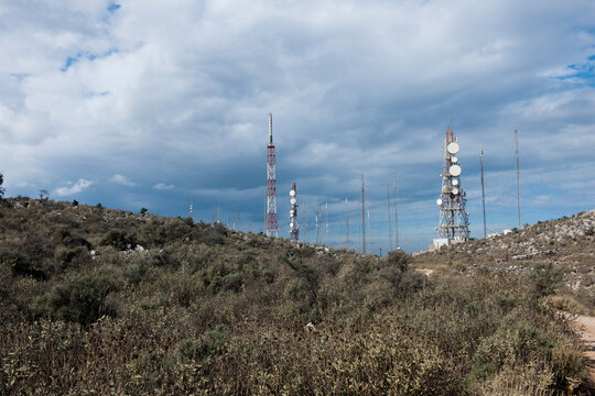 View of telephone and data telecommunication antennas installations