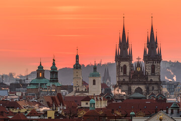 The Church of Our Lady before Týn in Prague right before the sunrise. 