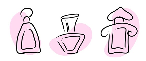 Set Perfume Sketches illustrations. Different images of perfume bottles. Hand drawing illustration, isolated, white background