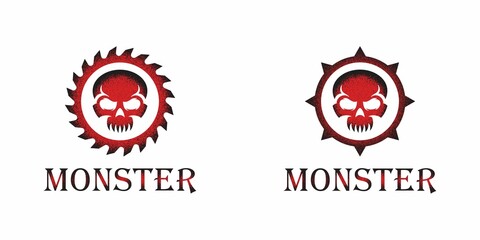 Set of color illustrations of skull, circular saw, star and text on a white background. Vector illustration with grunge texture for emblem, sticker, print, label. Symbolism.