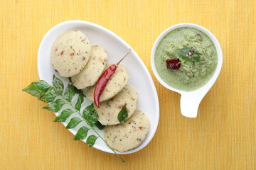 rava idli and mint and coconut chutney a south Indian breakfast