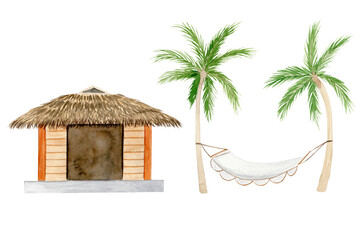 Collection of watercolor illustrations of tropical house and hammock with palms. 