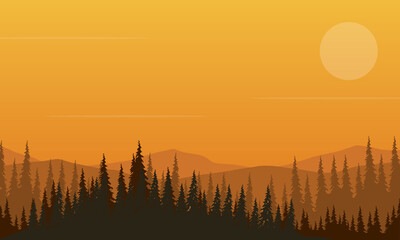 Panoramic views of the mountains with forest at sunset from the edge of town. Vector illustration