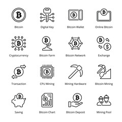 Bitcoin Mining Outline Icons - Stroked, Vectors