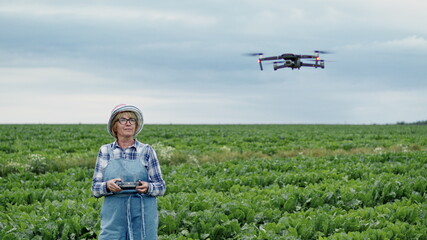 Fototapeta premium Woman Controls Drone. She Stands With Remote Control In Her Hands On Field Of Beets.